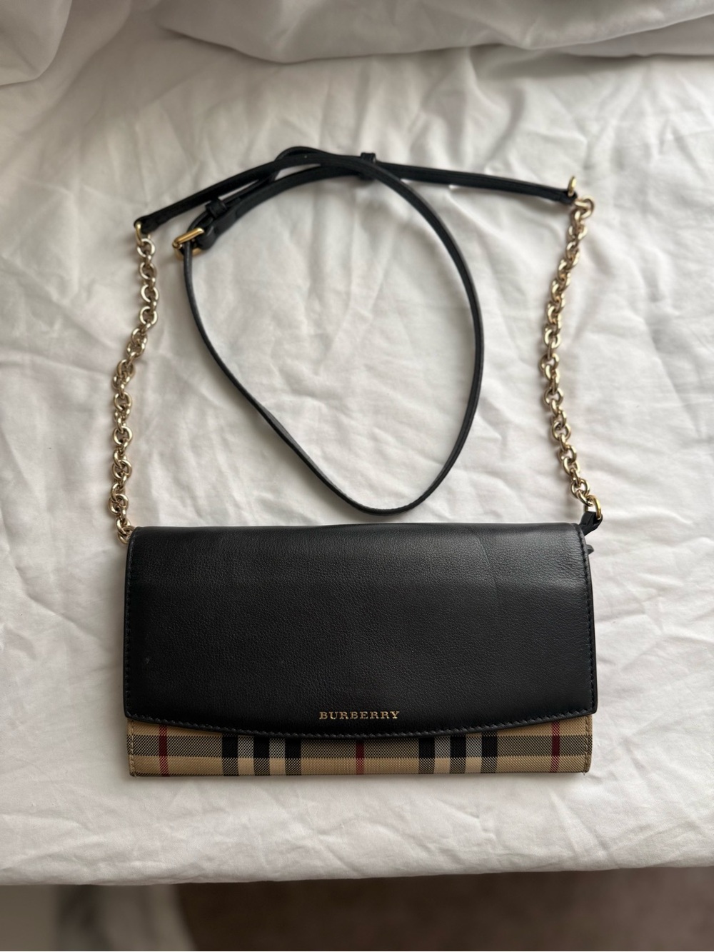 Burberry Vintage Check Black Leather Wallet on Chain Crossbody Bag